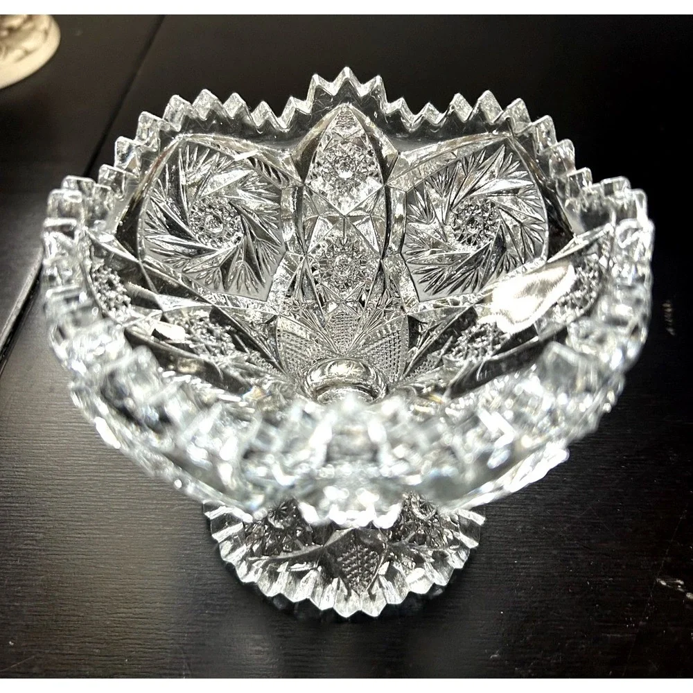 Vintage Brilliant Cut Glass Pedestal Compote Bowl Hobstar Sawtooth Edge 4.75